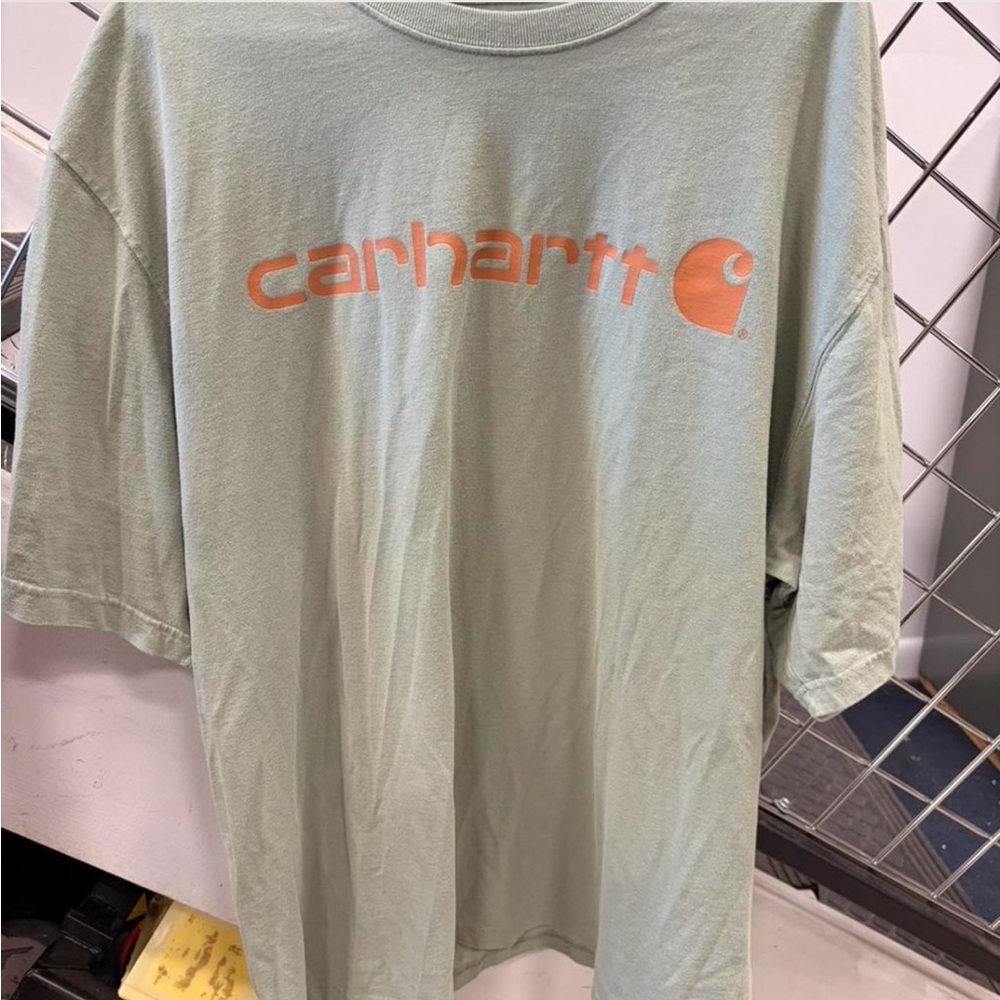 Carhartt Men's Sage Green Tee with Orange Logo
